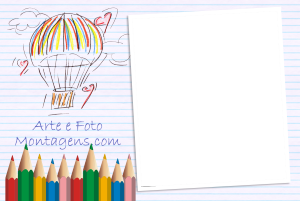 Lápis de cor, desenho de balão, moldura caderno.